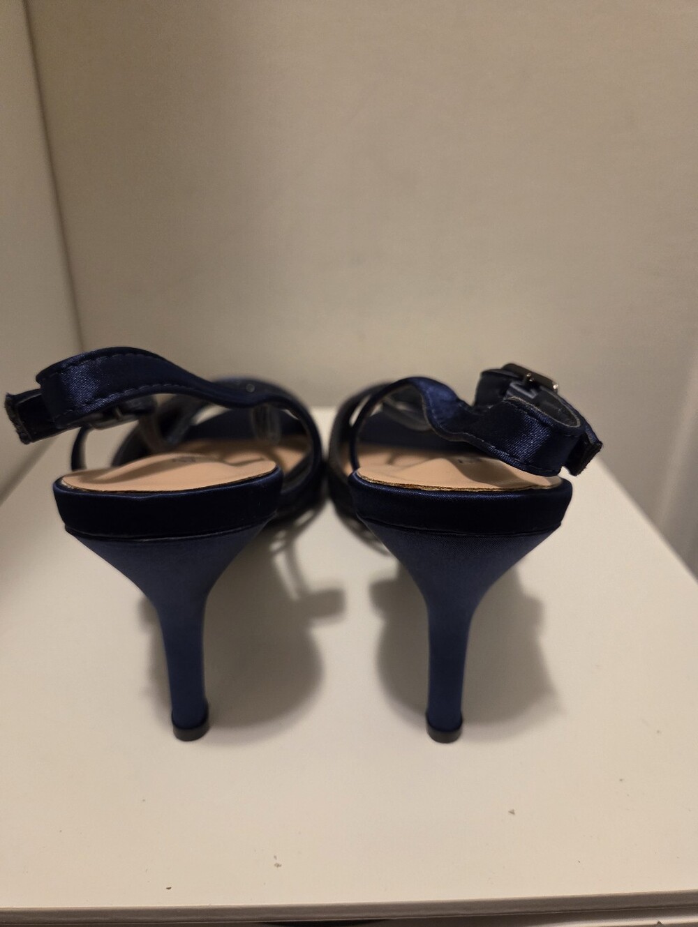 Women's Navy Blue Satin T-Strap Evening Sandals - Picture 4 of 4